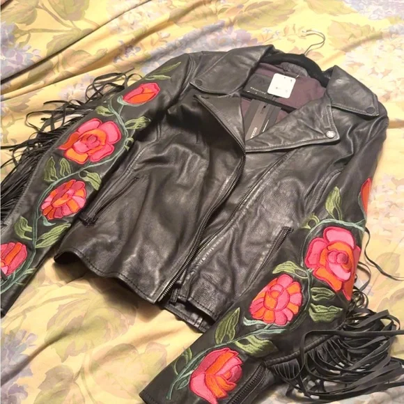 Free People Embroidered Black Leather Moto Jacket with Fringe - Floral Detail - Picture 3 of 13